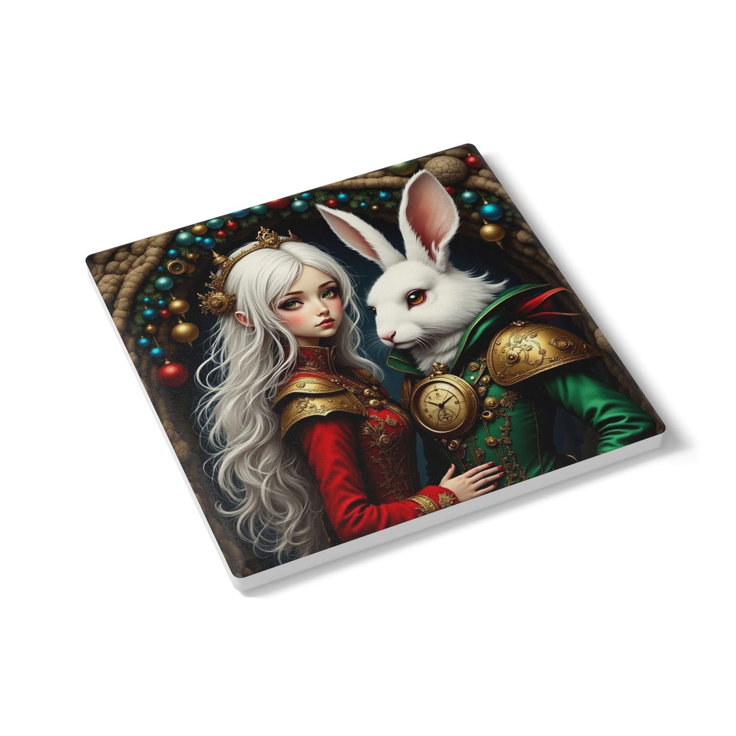 Whimsical Rabbit & Princess Ceramic Coaster Set, Fantasy Decor, Home Barware, Gift for Animal Lovers, Kitchen Accessories, Holiday Decor