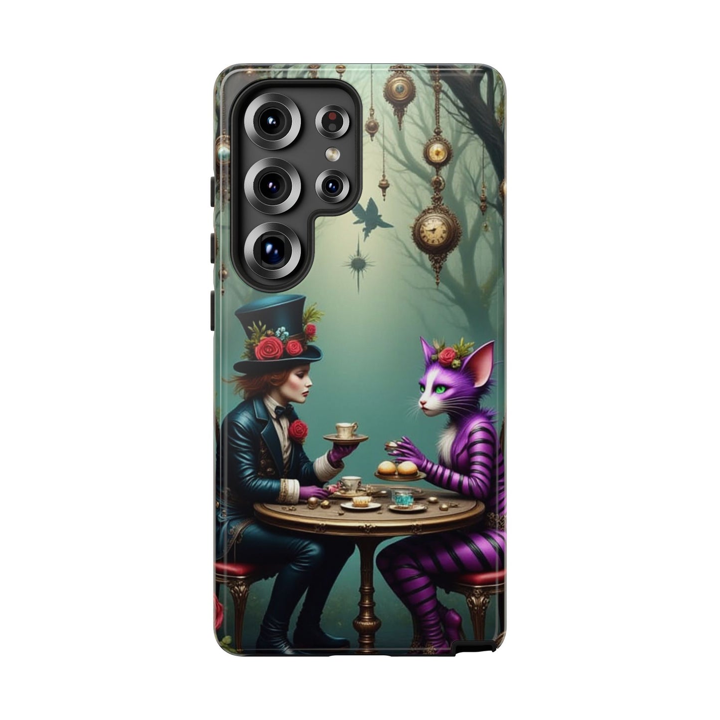 Whimsical Phone Case with Cat and Mad Hatter Design, Perfect for Gifting, Fantasy Lovers, Tea Party Theme, Tough Cases