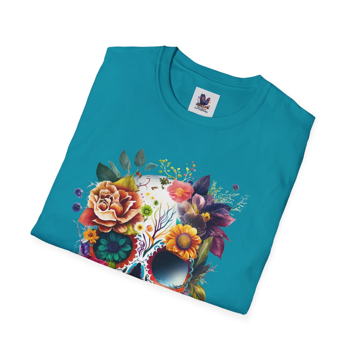 Colorful Sugar Skull with Flowers Art Unisex Softstyle T-Shirt, Colorful Tee, Cute Graphic Shirt