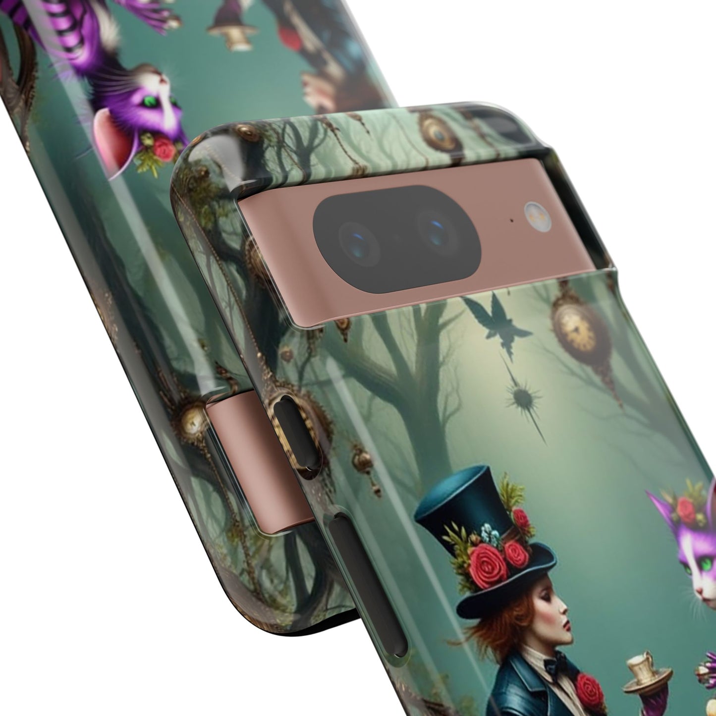 Whimsical Phone Case with Cat and Mad Hatter Design, Perfect for Gifting, Fantasy Lovers, Tea Party Theme, Tough Cases