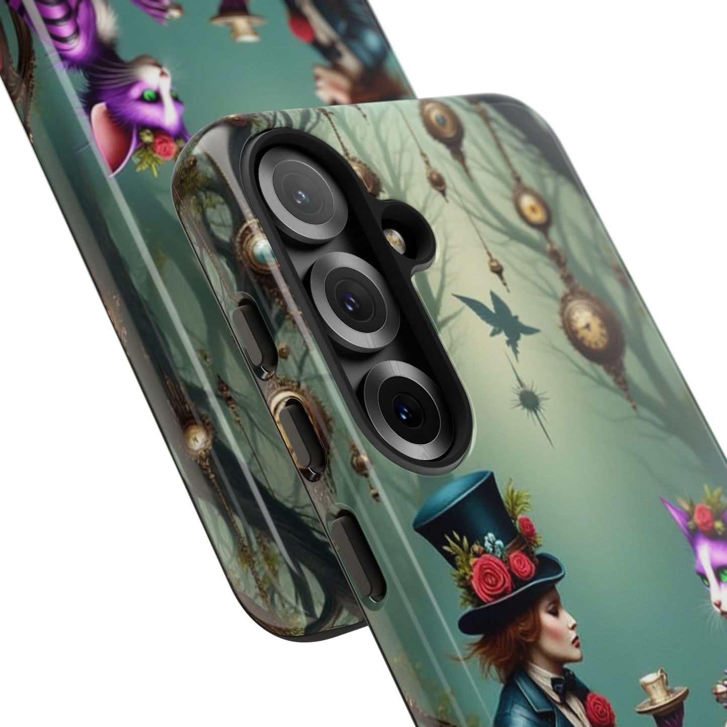 Whimsical Phone Case with Cat and Mad Hatter Design, Perfect for Gifting, Fantasy Lovers, Tea Party Theme, Tough Cases