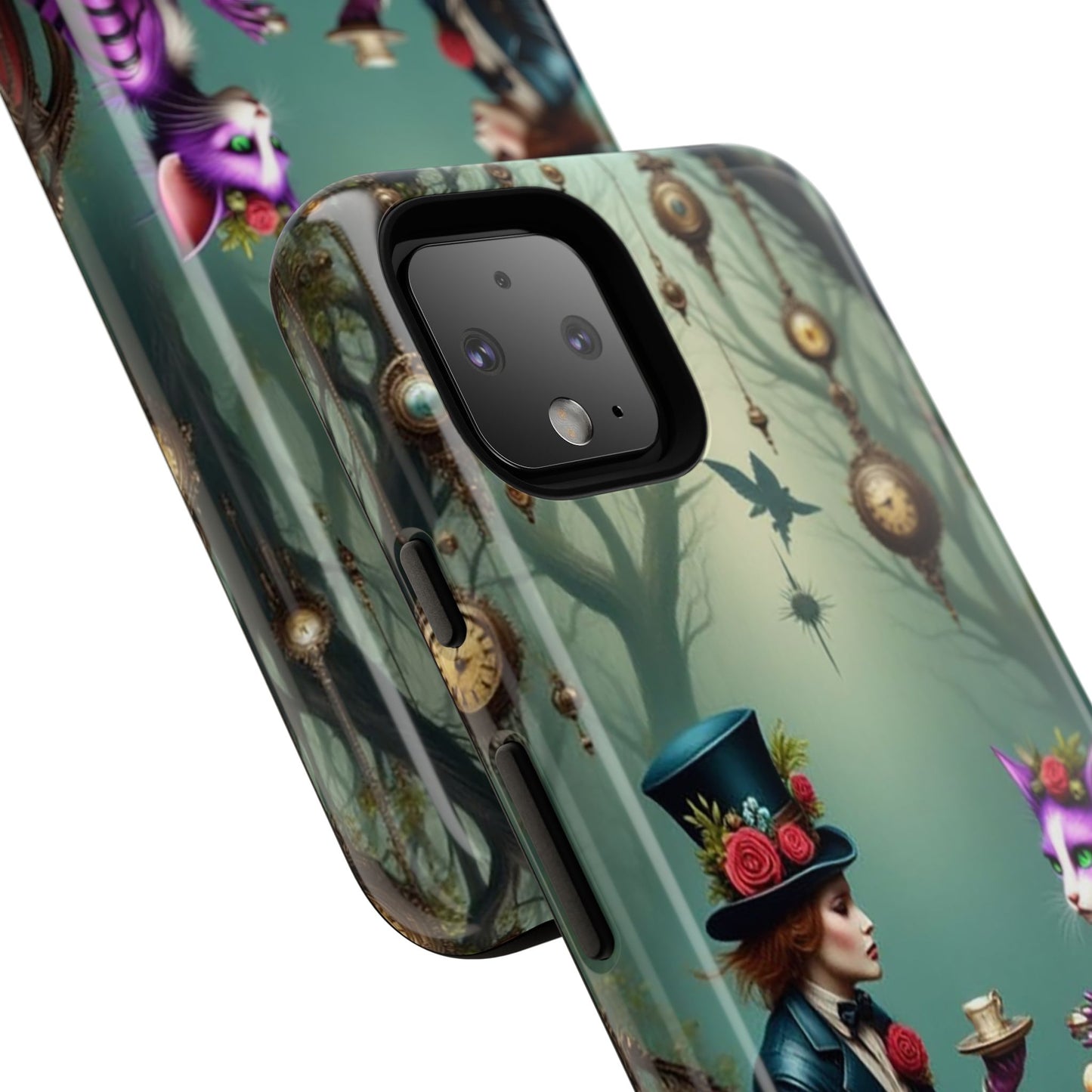 Whimsical Phone Case with Cat and Mad Hatter Design, Perfect for Gifting, Fantasy Lovers, Tea Party Theme, Tough Cases