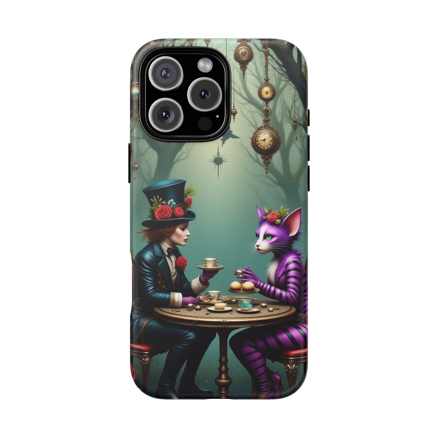 Whimsical Phone Case with Cat and Mad Hatter Design, Perfect for Gifting, Fantasy Lovers, Tea Party Theme, Tough Cases