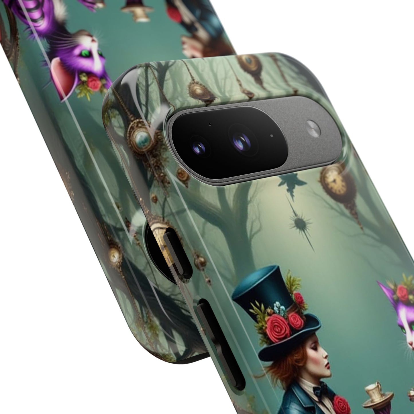 Whimsical Phone Case with Cat and Mad Hatter Design, Perfect for Gifting, Fantasy Lovers, Tea Party Theme, Tough Cases