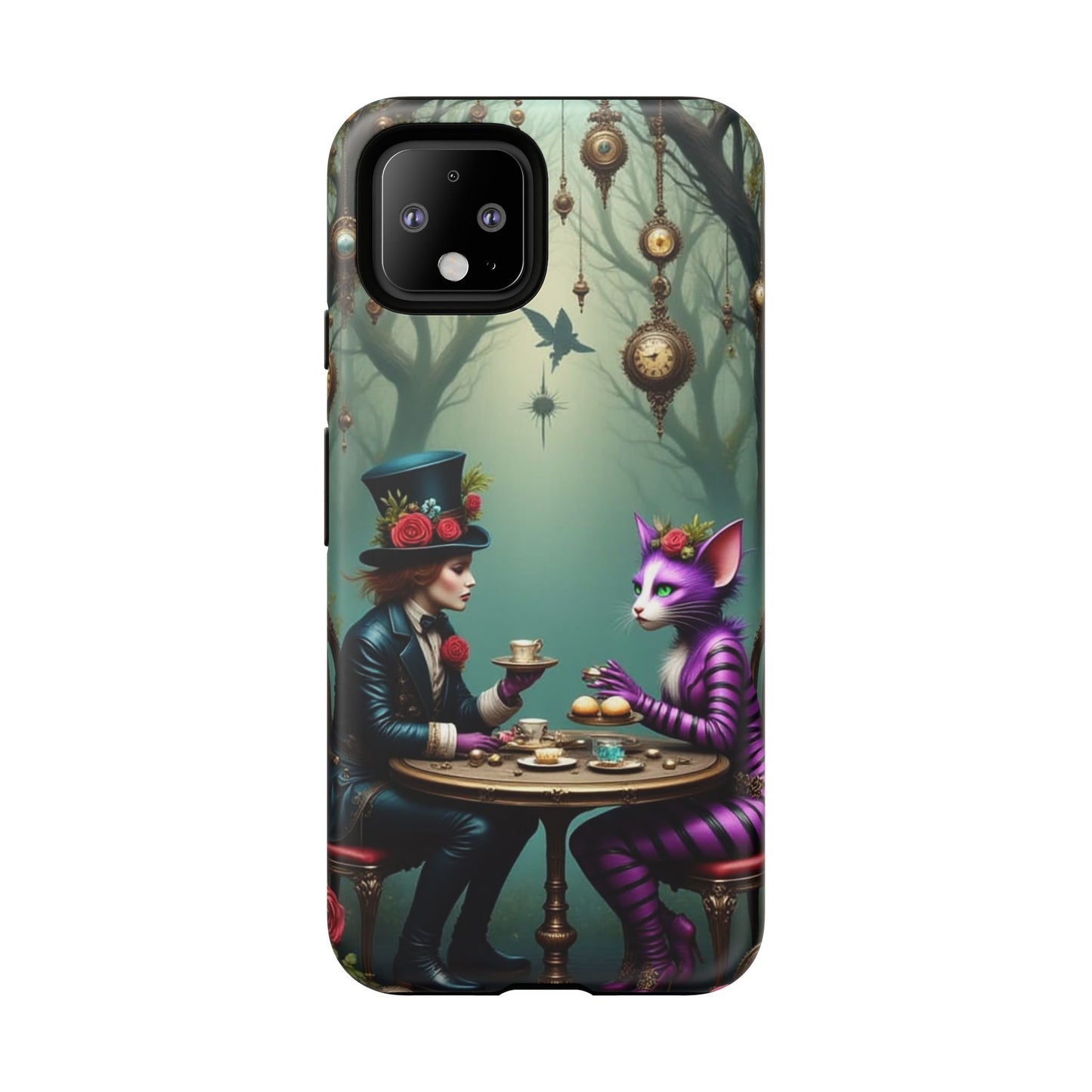 Whimsical Phone Case with Cat and Mad Hatter Design, Perfect for Gifting, Fantasy Lovers, Tea Party Theme, Tough Cases