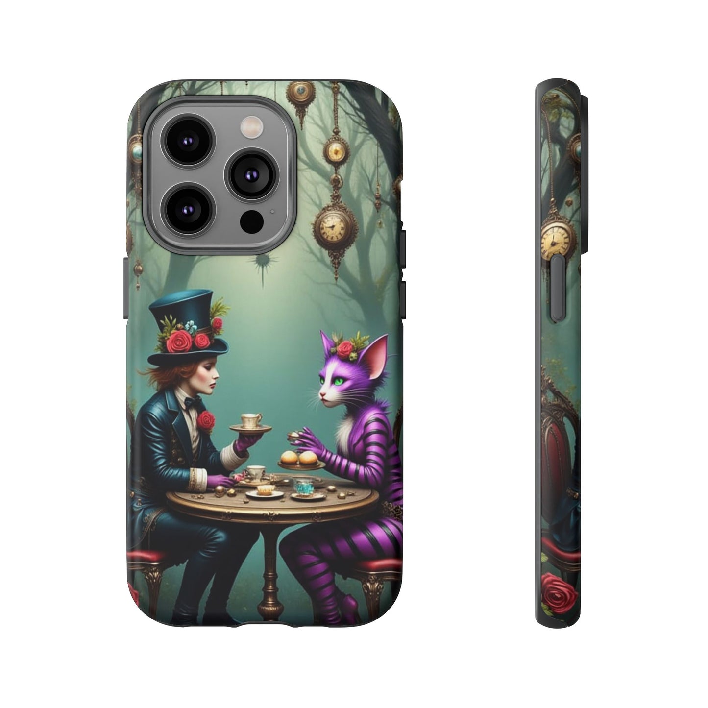 Whimsical Phone Case with Cat and Mad Hatter Design, Perfect for Gifting, Fantasy Lovers, Tea Party Theme, Tough Cases