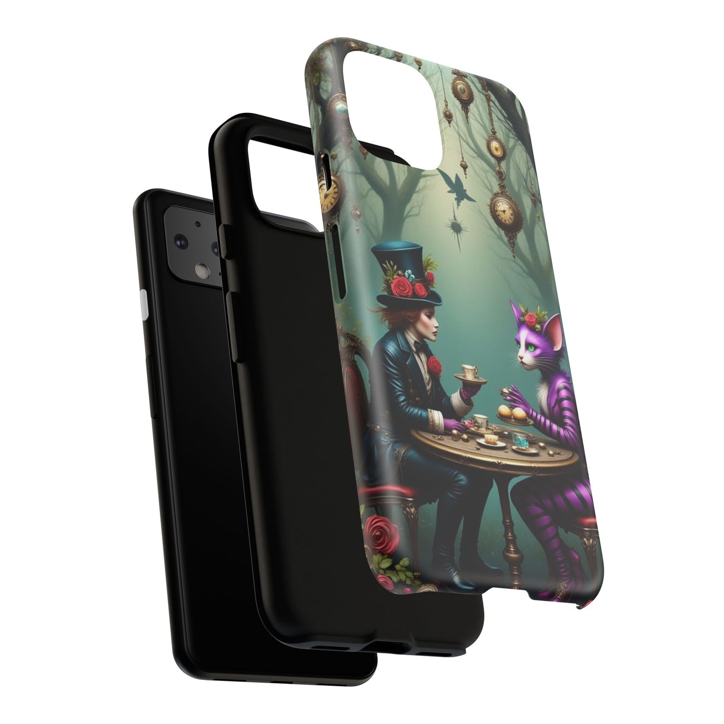 Whimsical Phone Case with Cat and Mad Hatter Design, Perfect for Gifting, Fantasy Lovers, Tea Party Theme, Tough Cases