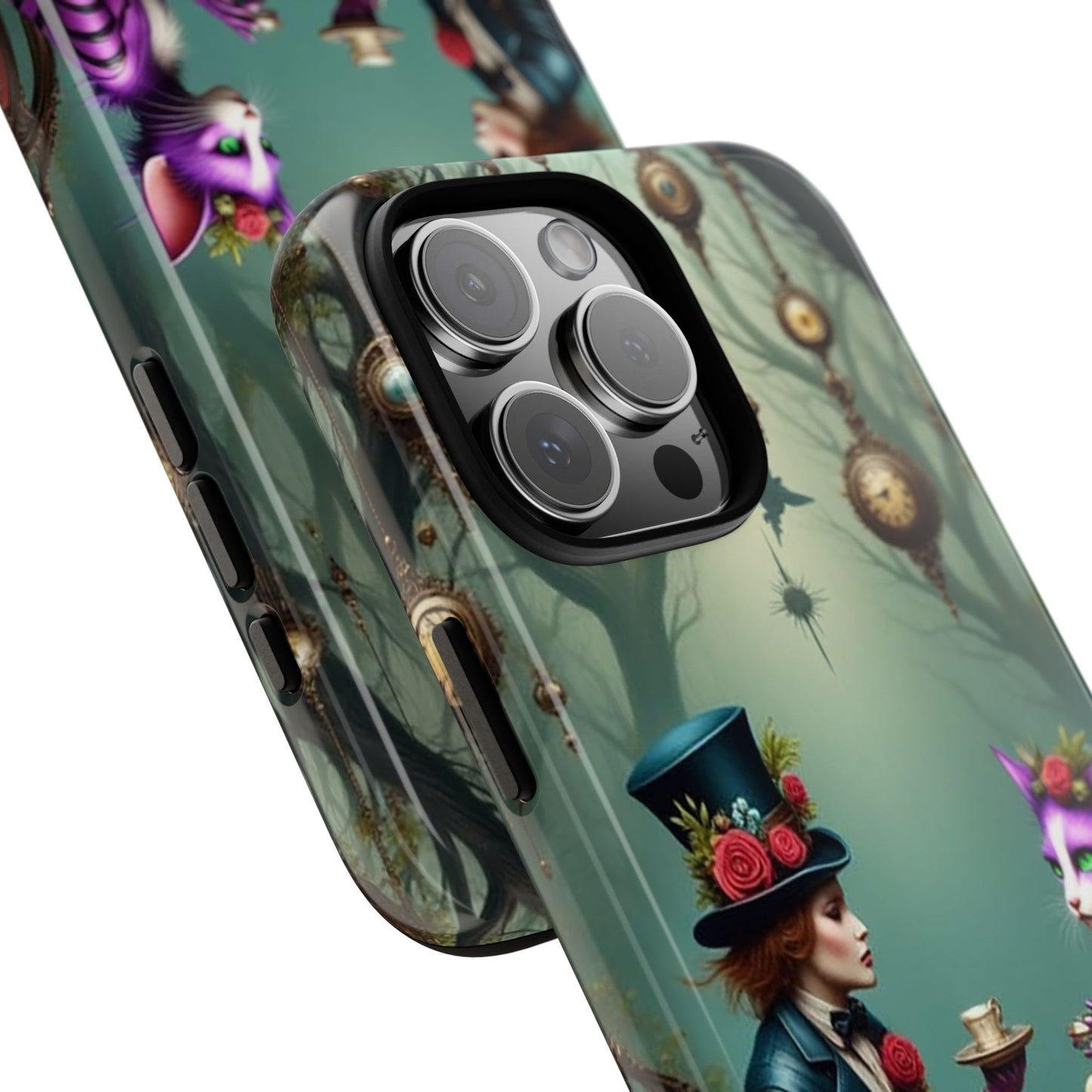 Whimsical Phone Case with Cat and Mad Hatter Design, Perfect for Gifting, Fantasy Lovers, Tea Party Theme, Tough Cases