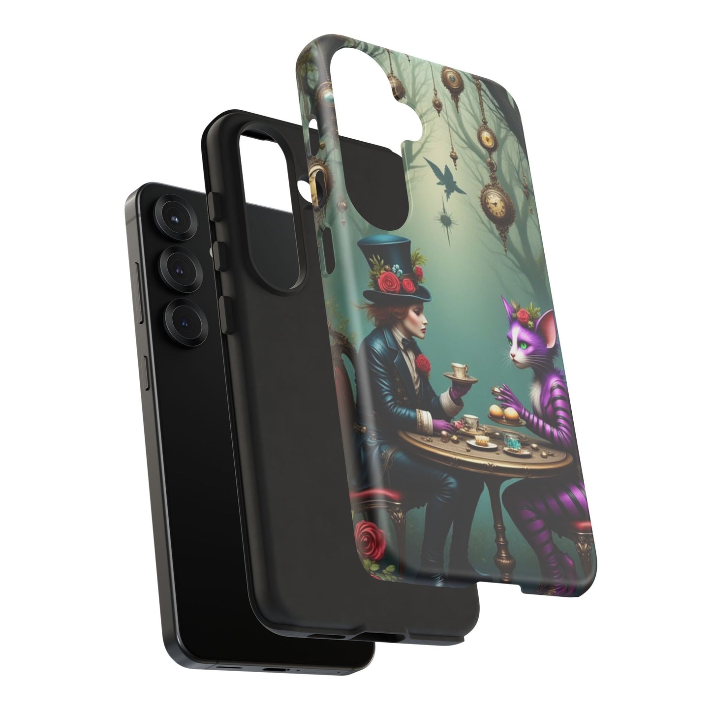 Whimsical Phone Case with Cat and Mad Hatter Design, Perfect for Gifting, Fantasy Lovers, Tea Party Theme, Tough Cases