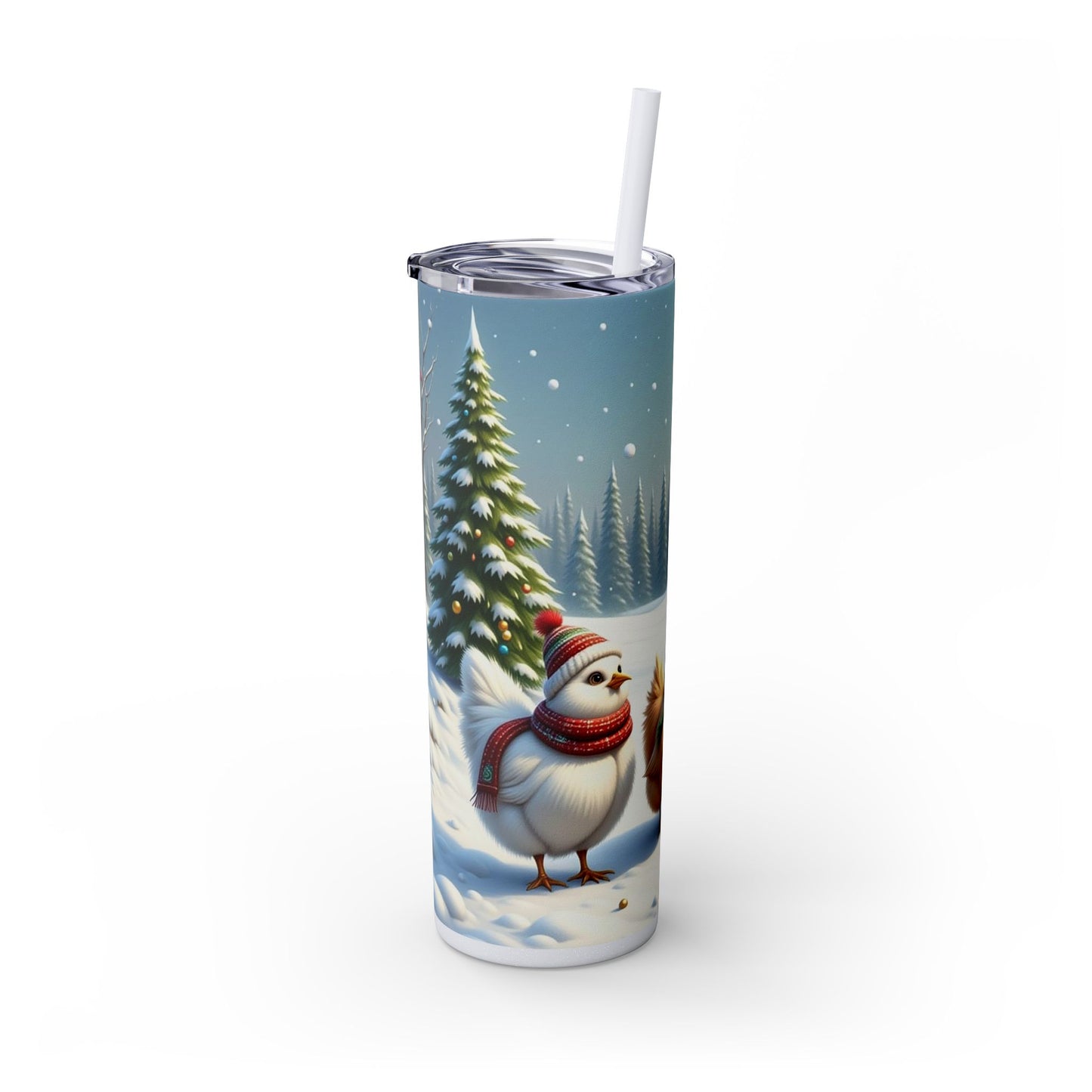 Winter Wonderland Skinny Tumbler with Straw, 20oz - Snowy Birds Design, Unique Holiday Gift, Christmas Chickens rinkware, Festive Travel Mug