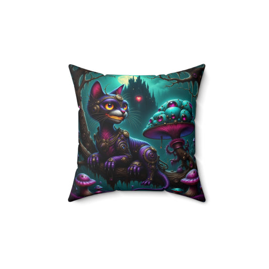 Whimsical Cheshire Cat Art Pillow, Cozy Home Decor, Gift for Cat Lovers, Fantasy Cushion, Magical Mushroom Accent Pillow