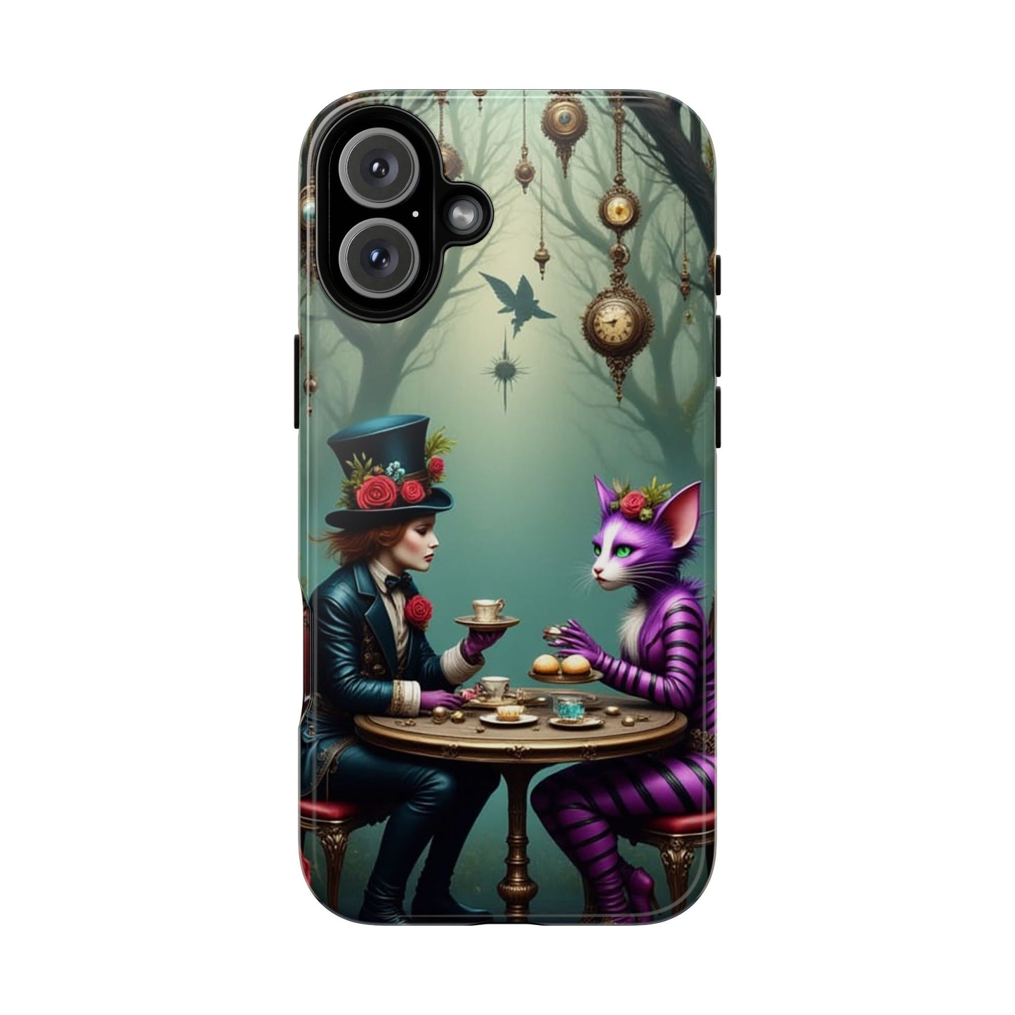 Whimsical Phone Case with Cat and Mad Hatter Design, Perfect for Gifting, Fantasy Lovers, Tea Party Theme, Tough Cases