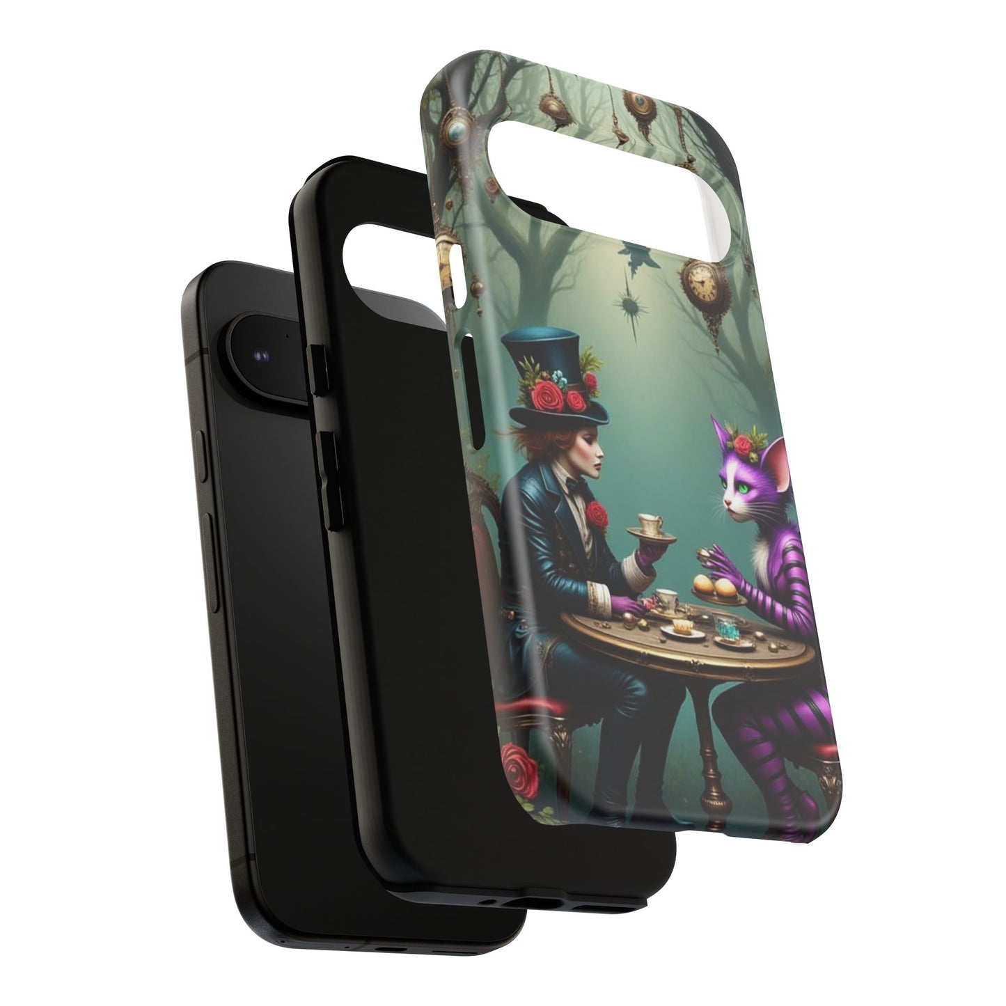 Whimsical Phone Case with Cat and Mad Hatter Design, Perfect for Gifting, Fantasy Lovers, Tea Party Theme, Tough Cases