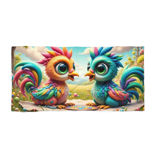 Colorful Birds Beach Towel, Vibrant Summer Towel, Poolside Companion, Tropical Chickens Bathing Towel, Fun Gift for Beach Lovers, Cute Chickens
