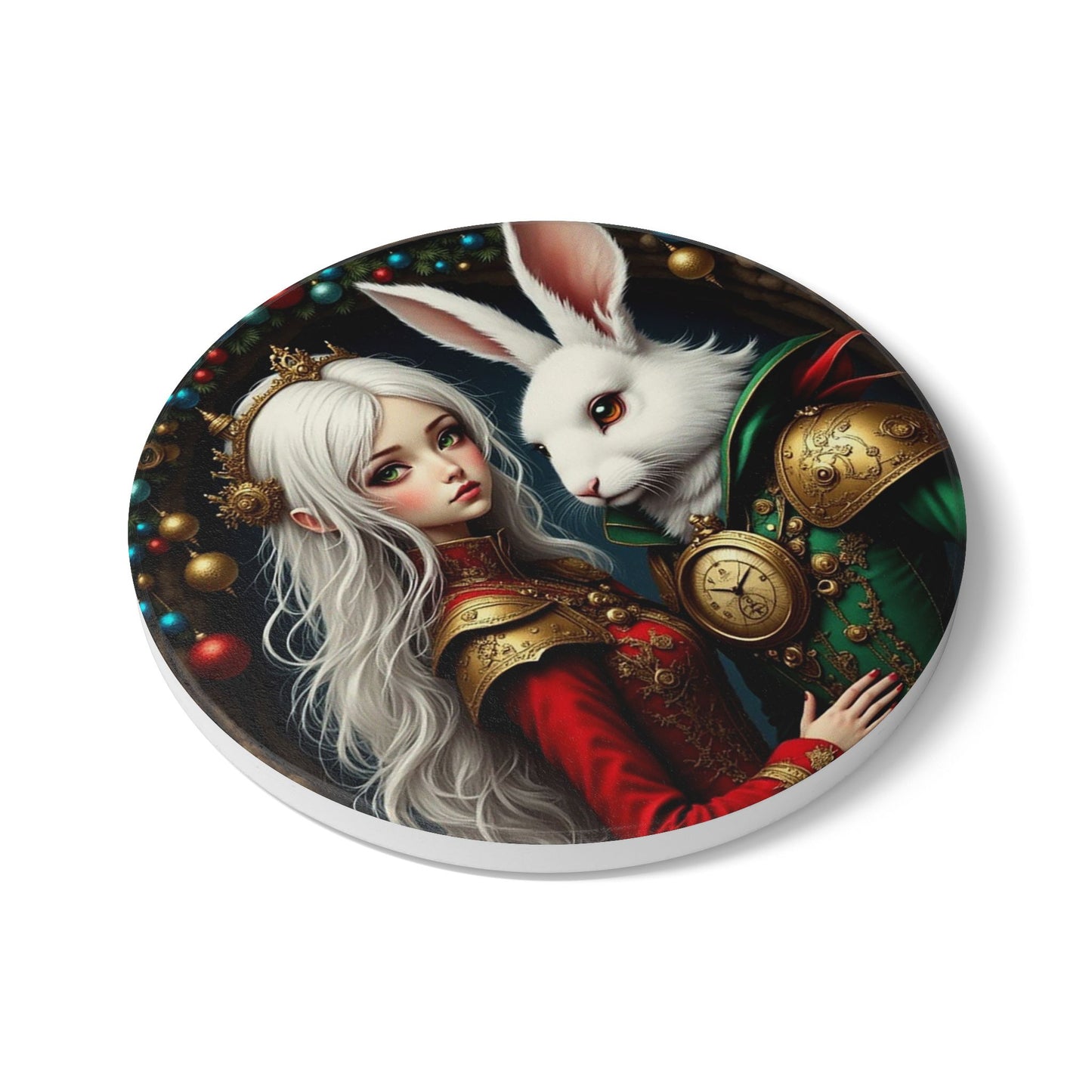 Whimsical Rabbit & Princess Ceramic Coaster Set, Fantasy Decor, Home Barware, Gift for Animal Lovers, Kitchen Accessories, Holiday Decor