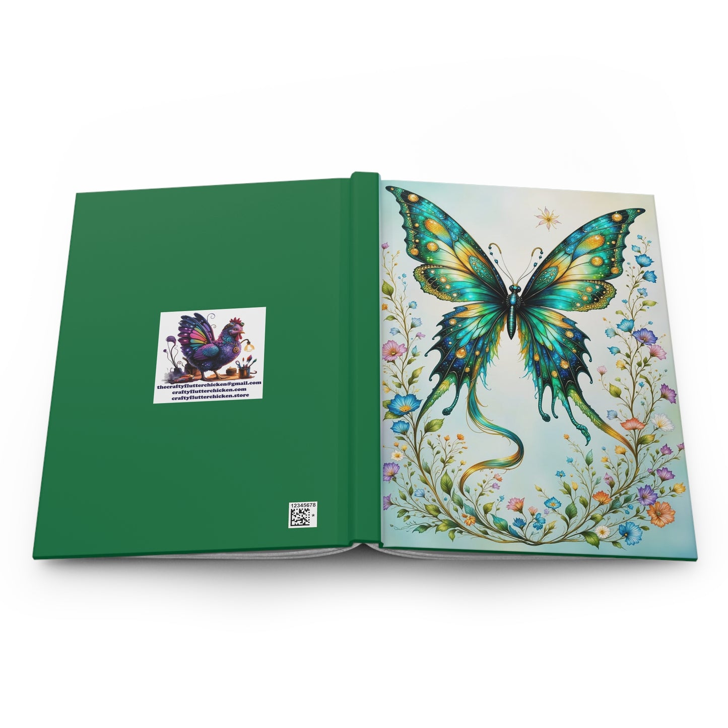 Whimsical Butterfly Green Hardcover Journal, Artistic Journal, Eco-Friendly Notebook, Nature Lover Gift, Creative Writing Journal, Flower Decor