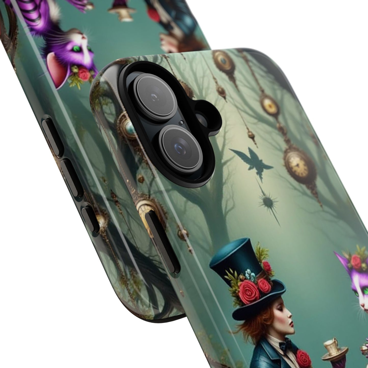 Whimsical Phone Case with Cat and Mad Hatter Design, Perfect for Gifting, Fantasy Lovers, Tea Party Theme, Tough Cases