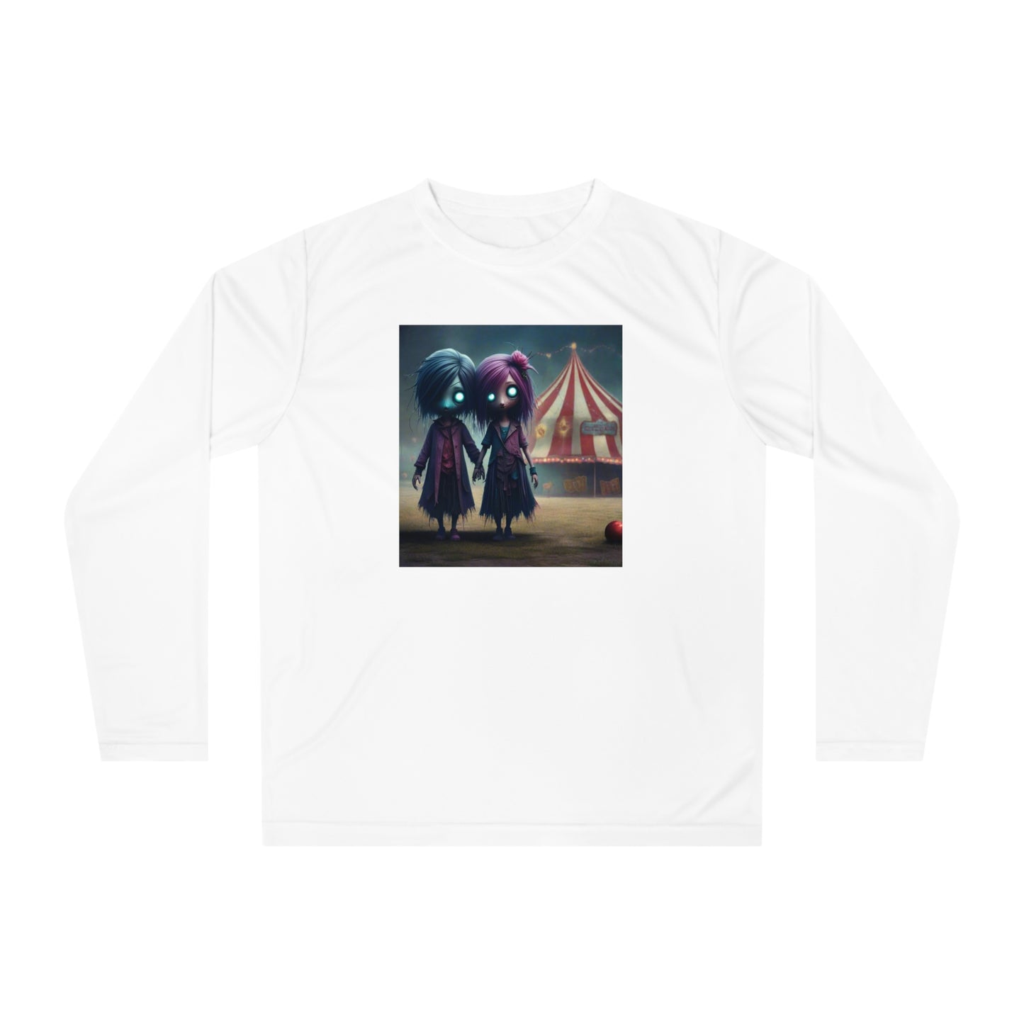 Eerie Circus Long Sleeve Performance Shirt, Unisex Athletic Wear, Spooky Costume Tee, Halloween Apparel, Unique Gift Idea