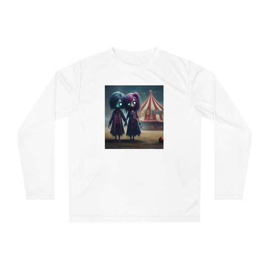 Eerie Circus Long Sleeve Performance Shirt, Unisex Athletic Wear, Spooky Costume Tee, Halloween Apparel, Unique Gift Idea