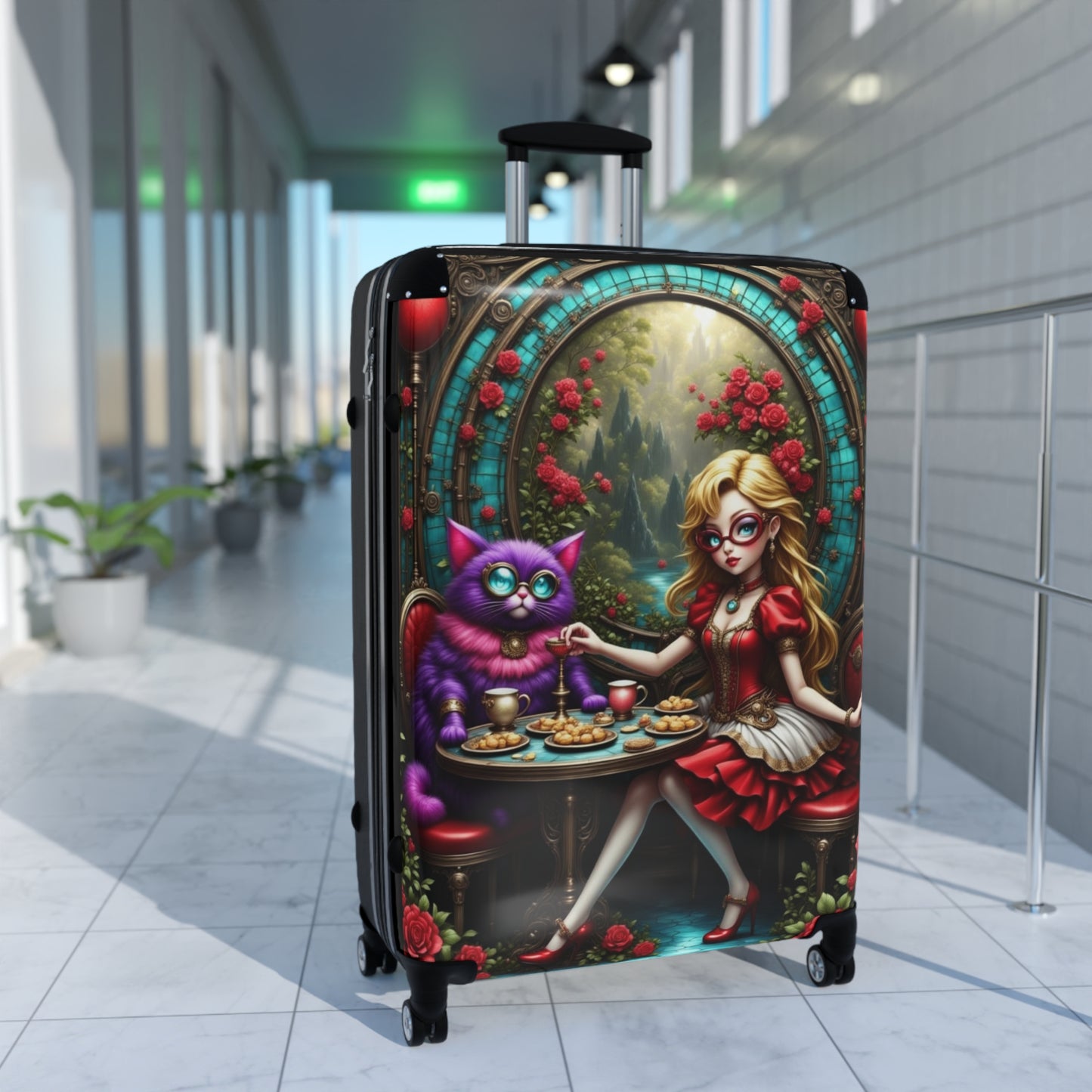 Alice in Wonderland Design, Whimsical Cat-Themed Suitcase, Carry-On Luggage, Travel Bag, Fun Vacation Accessory, Unique Gift Idea