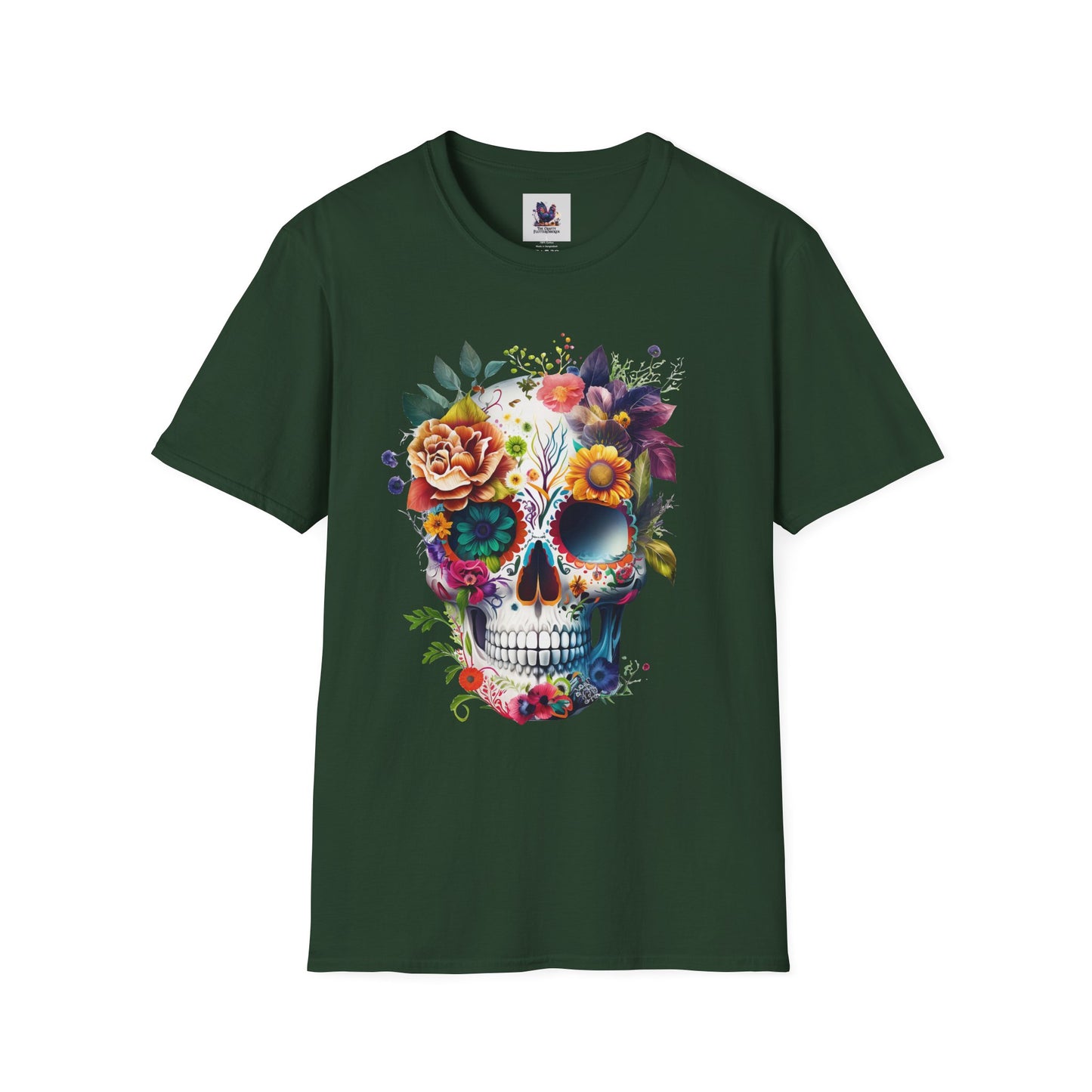 Colorful Sugar Skull with Flowers Art Unisex Softstyle T-Shirt, Colorful Tee, Cute Graphic Shirt