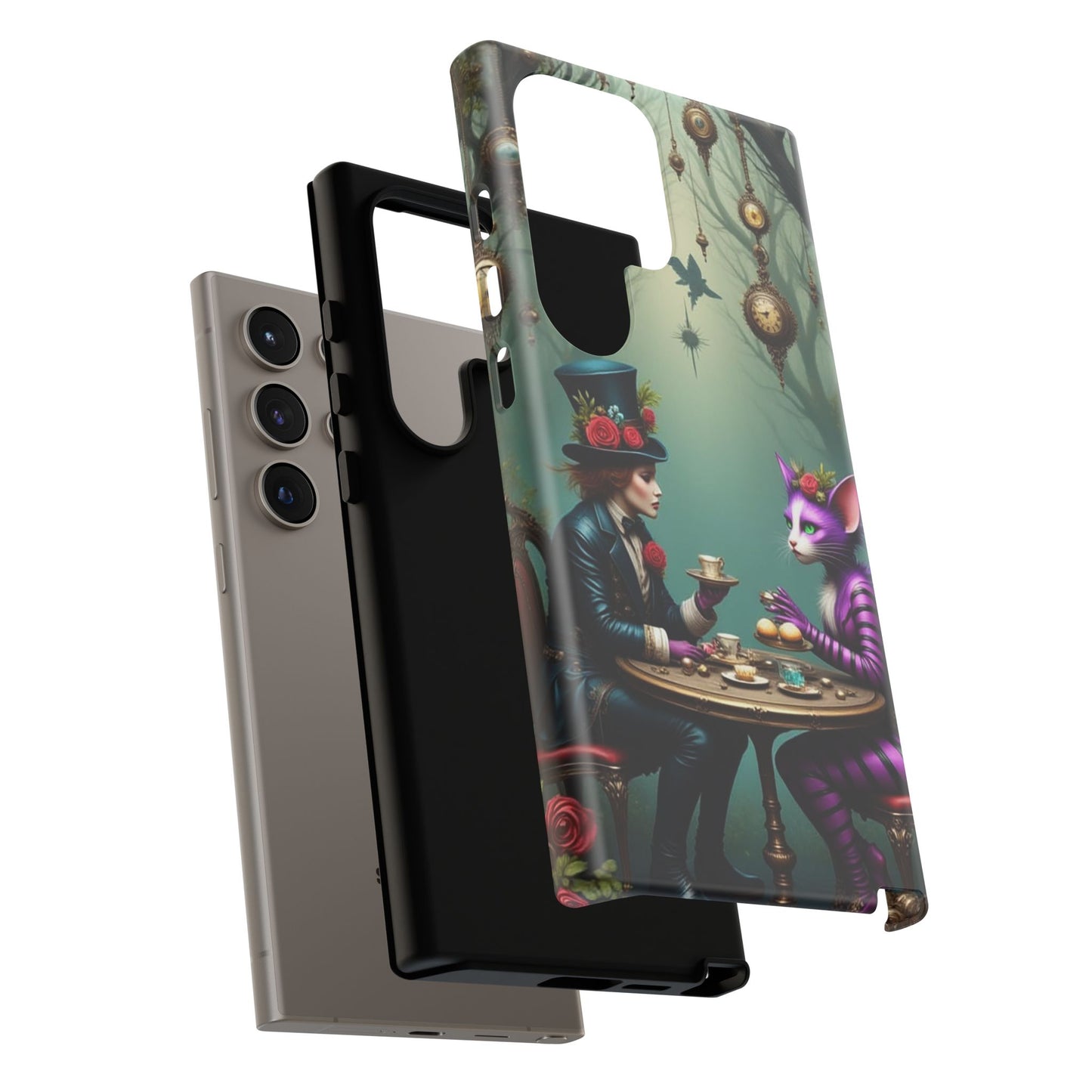 Whimsical Phone Case with Cat and Mad Hatter Design, Perfect for Gifting, Fantasy Lovers, Tea Party Theme, Tough Cases