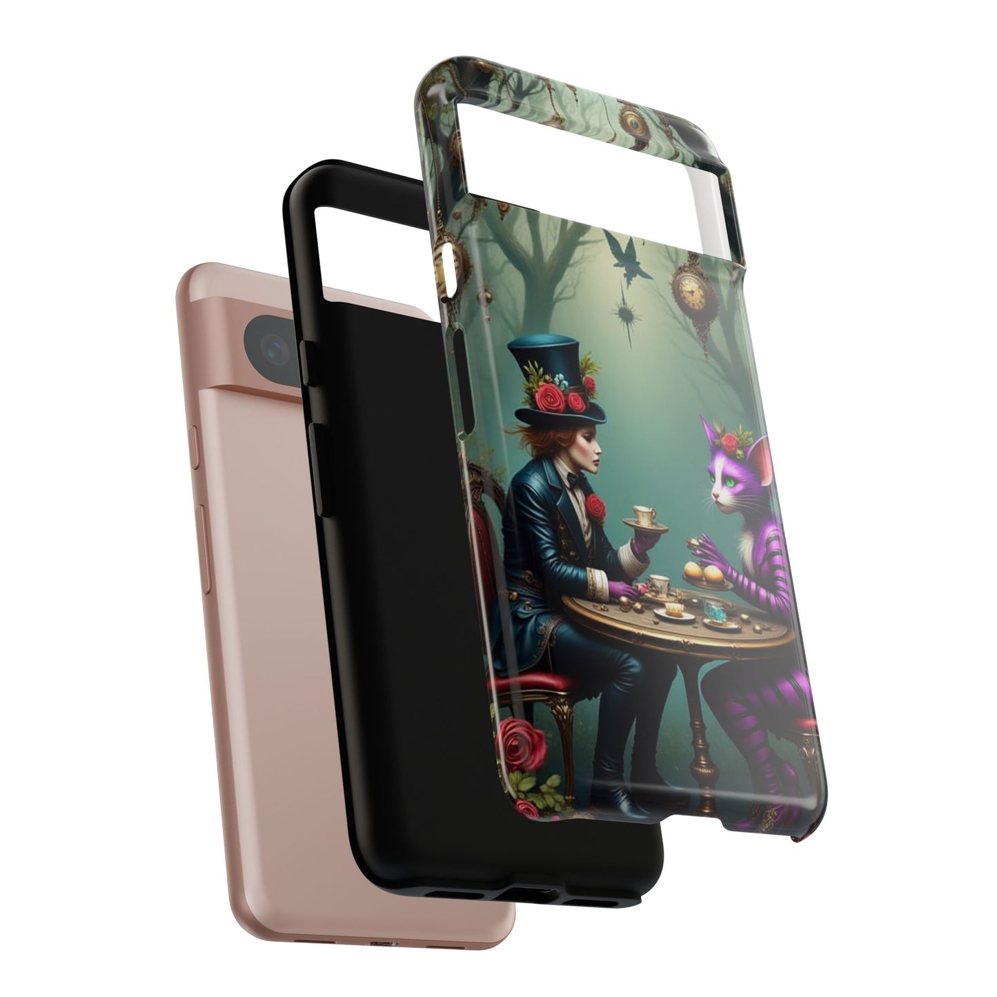 Whimsical Phone Case with Cat and Mad Hatter Design, Perfect for Gifting, Fantasy Lovers, Tea Party Theme, Tough Cases
