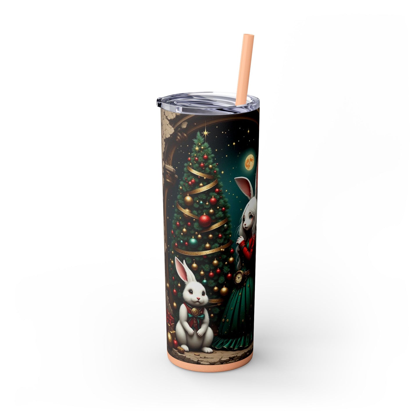 Christmas Rabbit Tumbler, 20oz Skinny Tumbler with Straw, Holiday Drinkware, Cute Bunny Decor, Winter Gift for Dog Lovers, Festive Cup