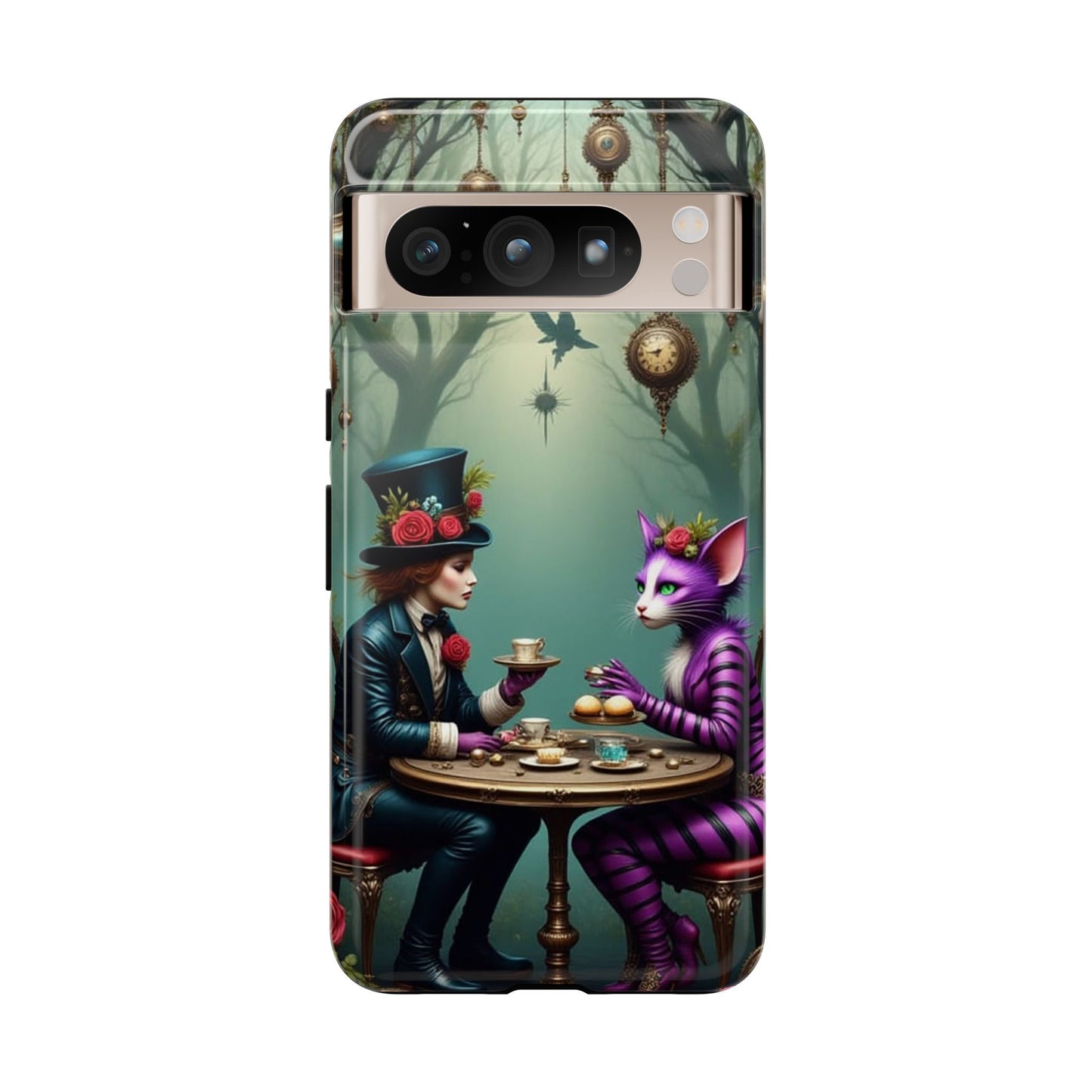 Whimsical Phone Case with Cat and Mad Hatter Design, Perfect for Gifting, Fantasy Lovers, Tea Party Theme, Tough Cases