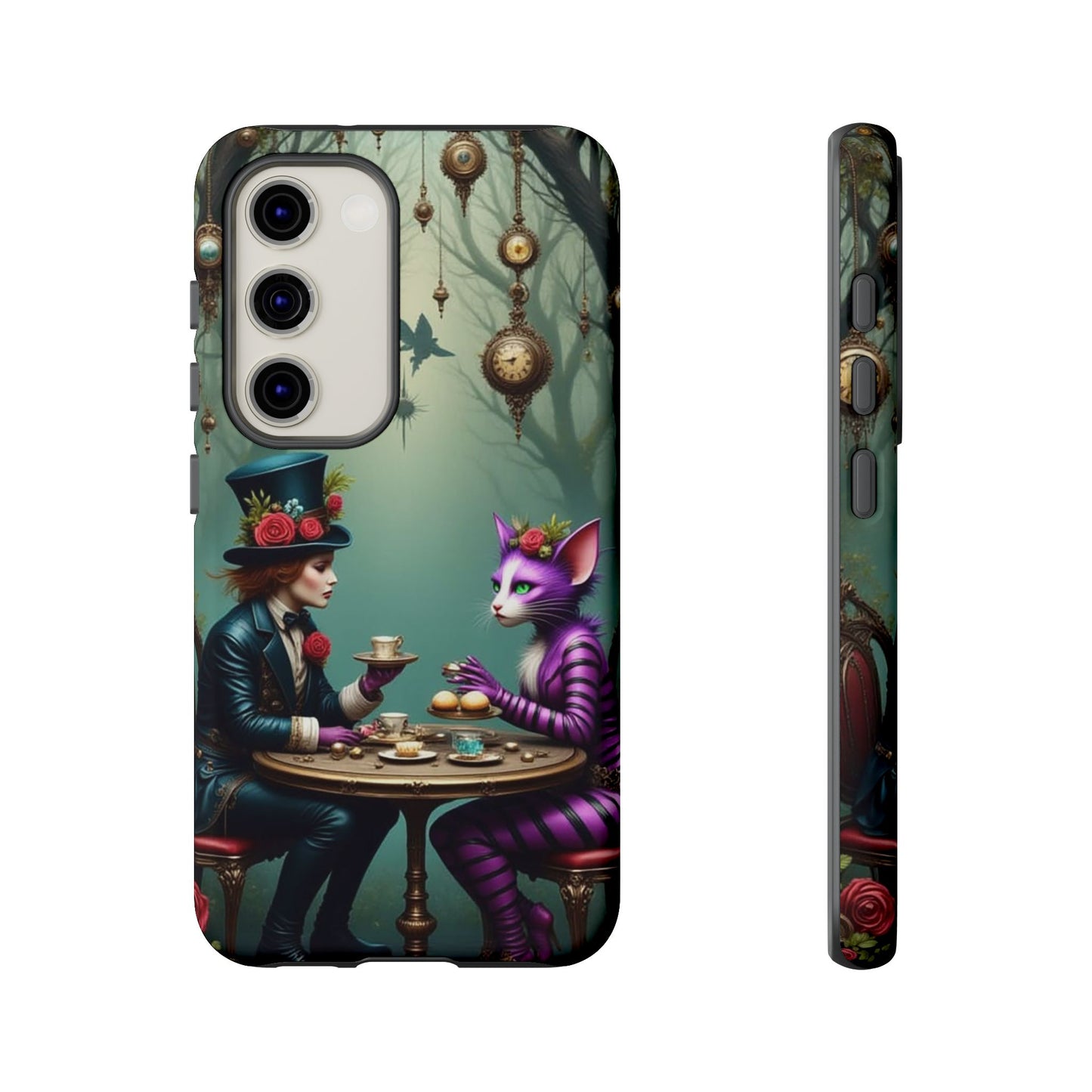 Whimsical Phone Case with Cat and Mad Hatter Design, Perfect for Gifting, Fantasy Lovers, Tea Party Theme, Tough Cases