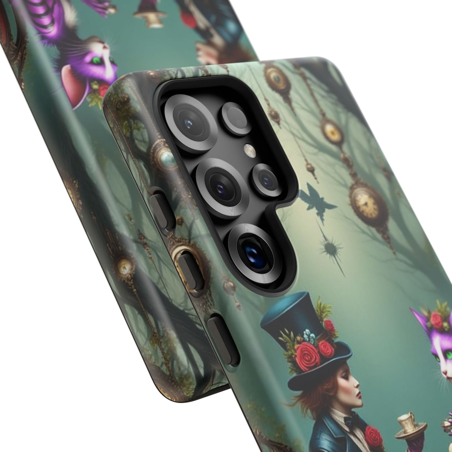 Whimsical Phone Case with Cat and Mad Hatter Design, Perfect for Gifting, Fantasy Lovers, Tea Party Theme, Tough Cases