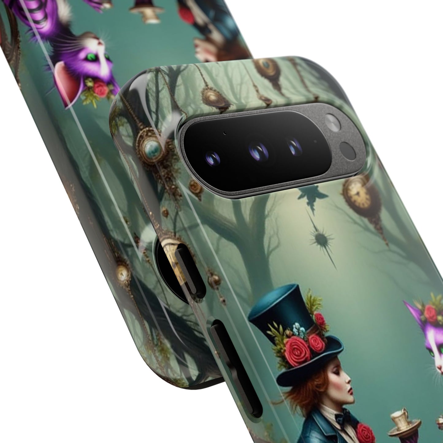 Whimsical Phone Case with Cat and Mad Hatter Design, Perfect for Gifting, Fantasy Lovers, Tea Party Theme, Tough Cases
