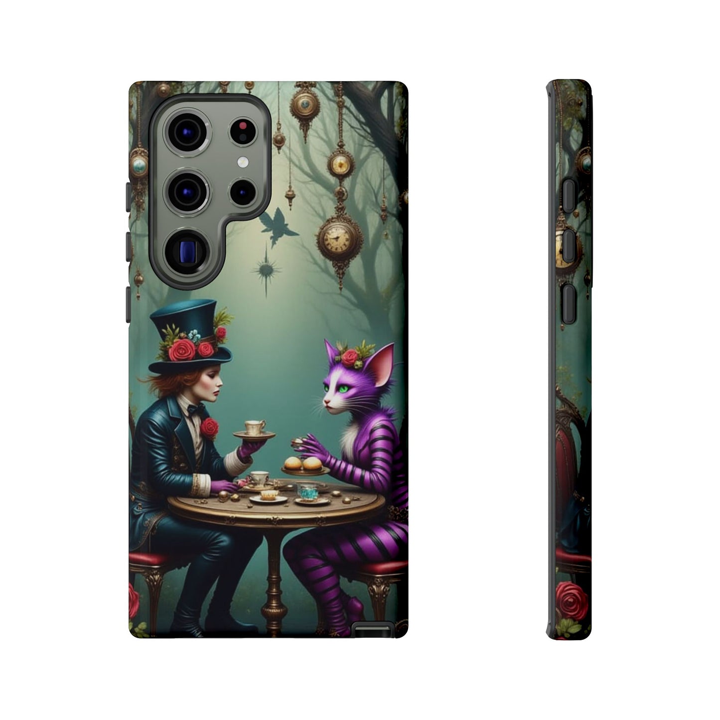 Whimsical Phone Case with Cat and Mad Hatter Design, Perfect for Gifting, Fantasy Lovers, Tea Party Theme, Tough Cases