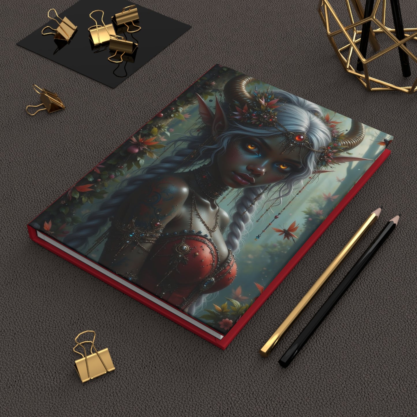 Red Nubian Elf Princess, Fantasy-Themed Hardcover Journal, Artistic Writing Notebook, Gift for Writers, Unique Diary, Journal for Creatives, Ethereal Artwork Journal