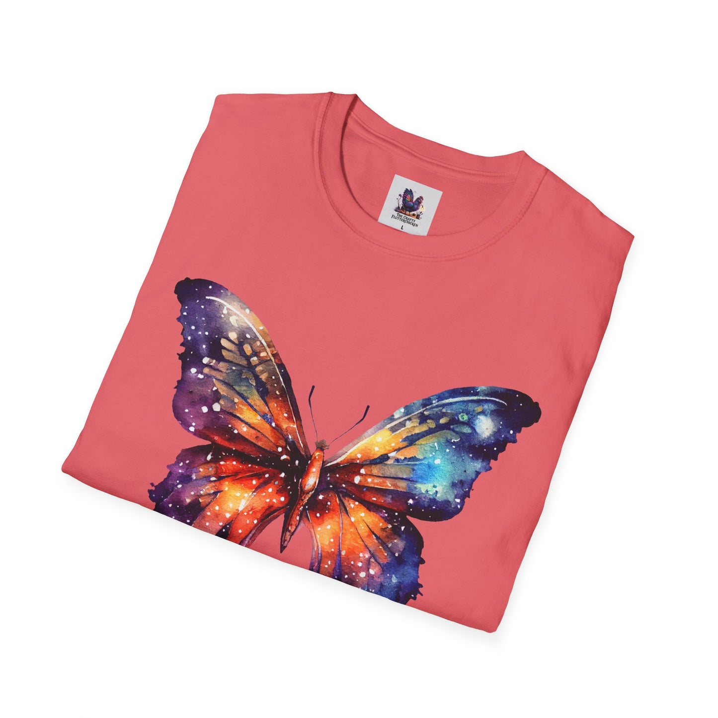 Colorful Space Butterfly Art Unisex Softstyle T-Shirt, Colorful Tee, Nature-Inspired Apparel, Cute Graphic Shirt
