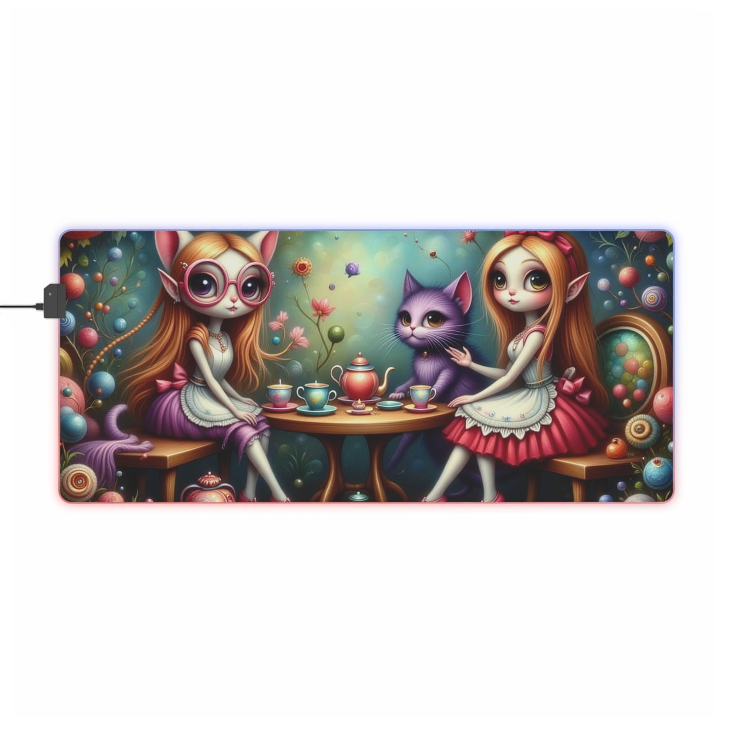 LED Whimsical Gaming Mouse Pad Featuring Playful Fairies and Cat, Alice in Wonderland theme