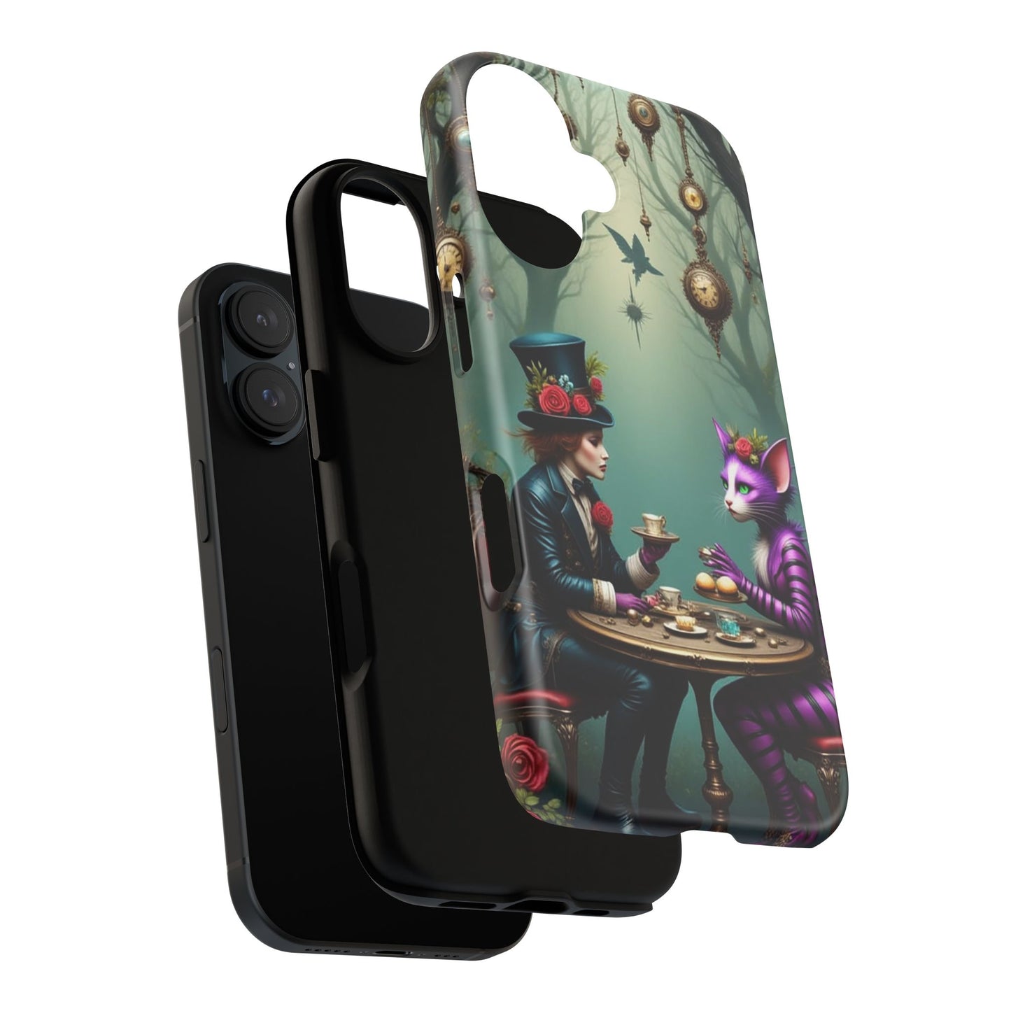 Whimsical Phone Case with Cat and Mad Hatter Design, Perfect for Gifting, Fantasy Lovers, Tea Party Theme, Tough Cases