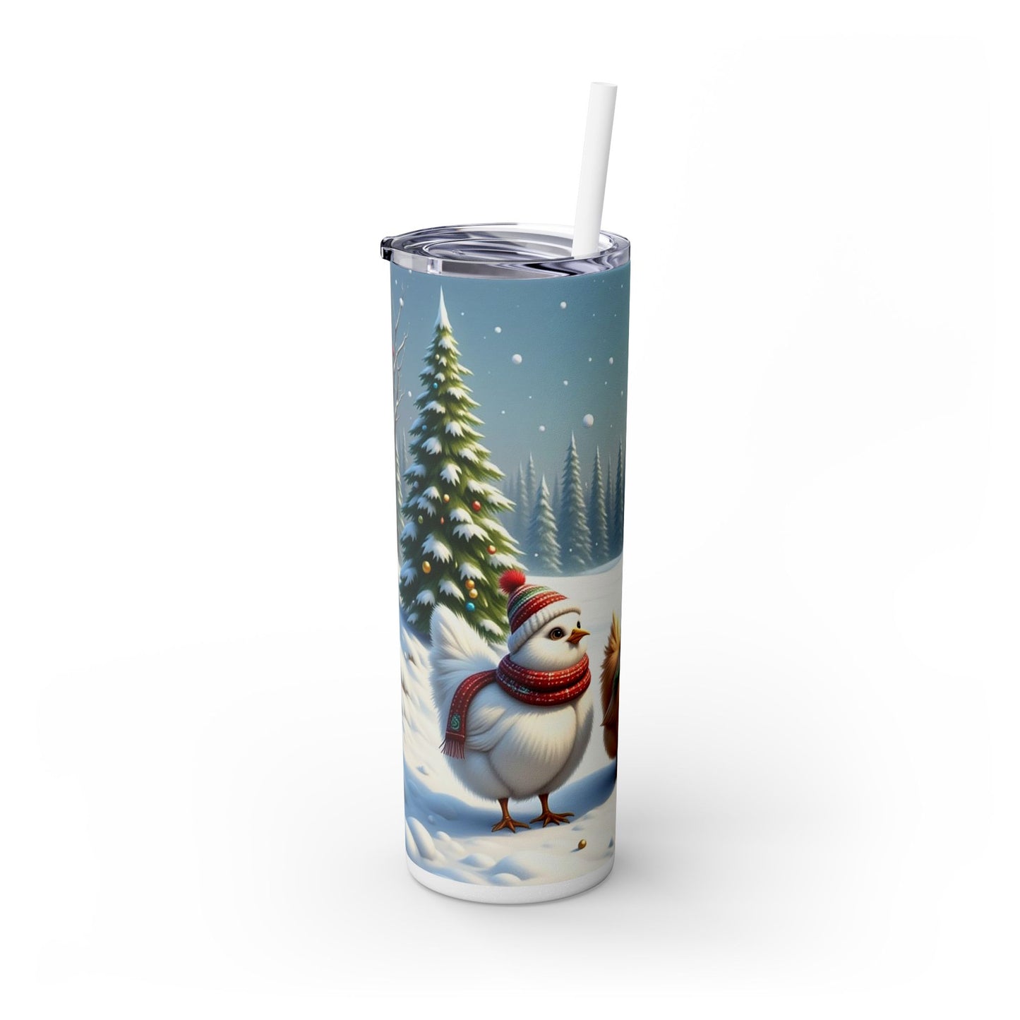 Winter Wonderland Skinny Tumbler with Straw, 20oz - Snowy Birds Design, Unique Holiday Gift, Christmas Chickens rinkware, Festive Travel Mug