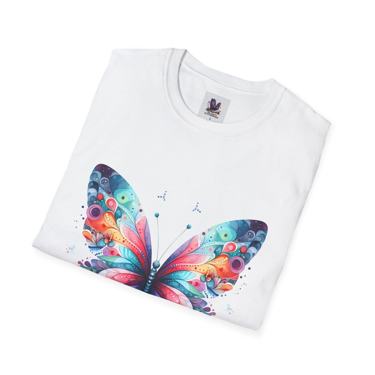 Colorful Butterfly Art Unisex Softstyle T-Shirt, Colorful Tee, Nature-Inspired Apparel, Cute Graphic Shirt