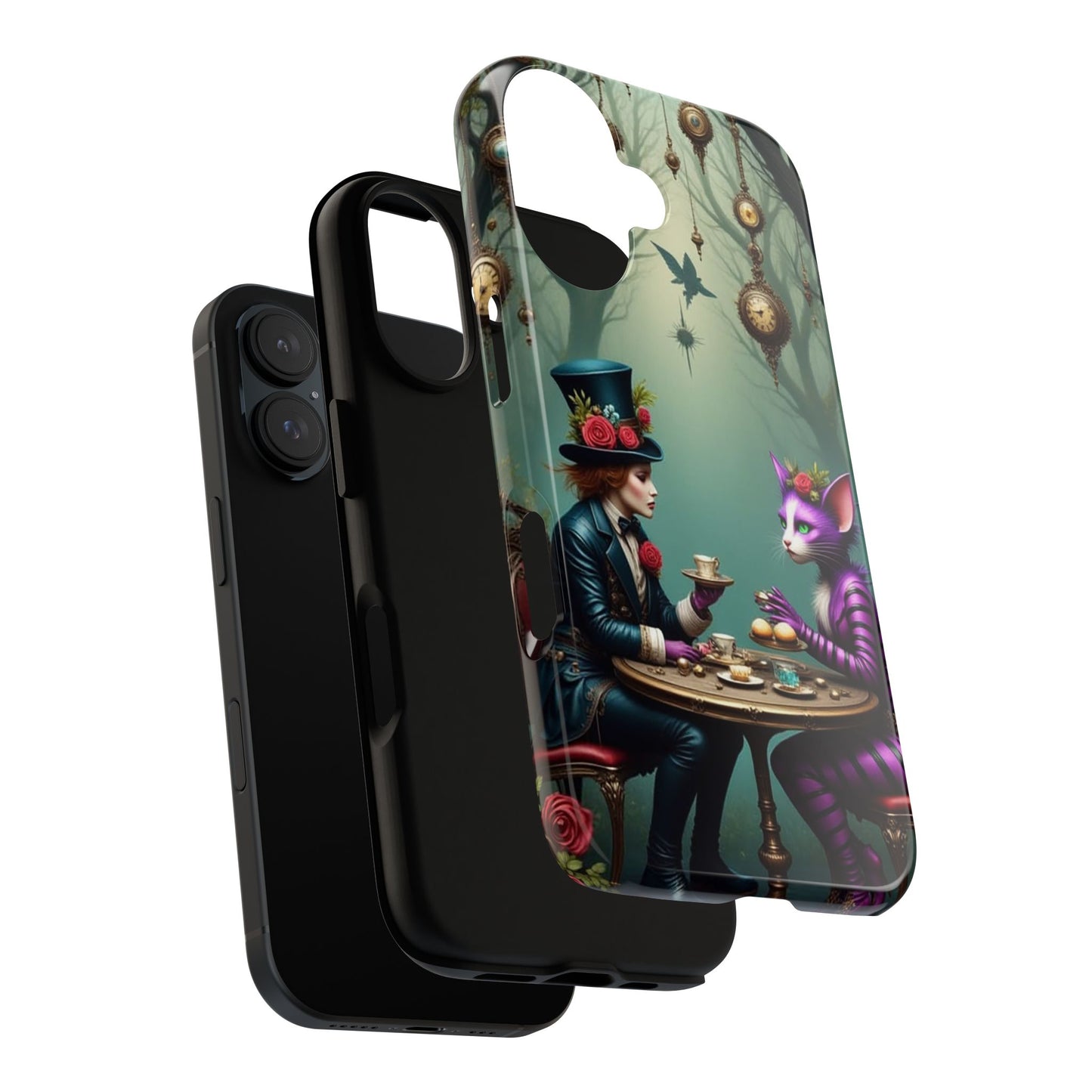 Whimsical Phone Case with Cat and Mad Hatter Design, Perfect for Gifting, Fantasy Lovers, Tea Party Theme, Tough Cases