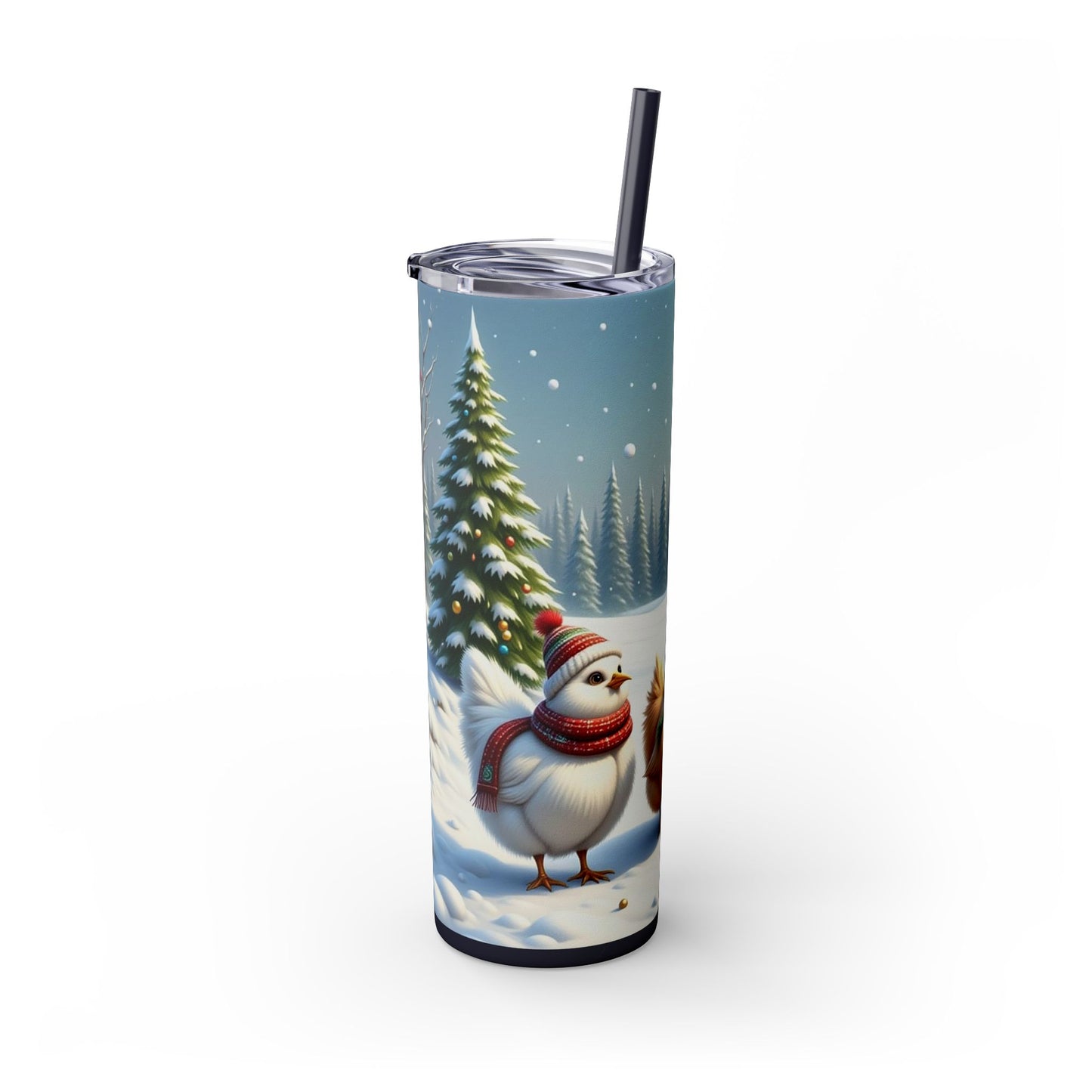 Winter Wonderland Skinny Tumbler with Straw, 20oz - Snowy Birds Design, Unique Holiday Gift, Christmas Chickens rinkware, Festive Travel Mug