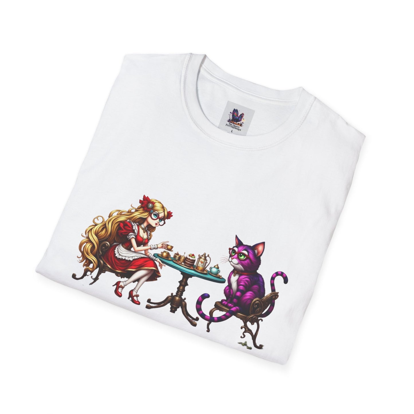 Colorful Tea Party, Alice Art Unisex Softstyle T-Shirt, Colorful Tee, Nature-Inspired Apparel, Cute Graphic Shirt