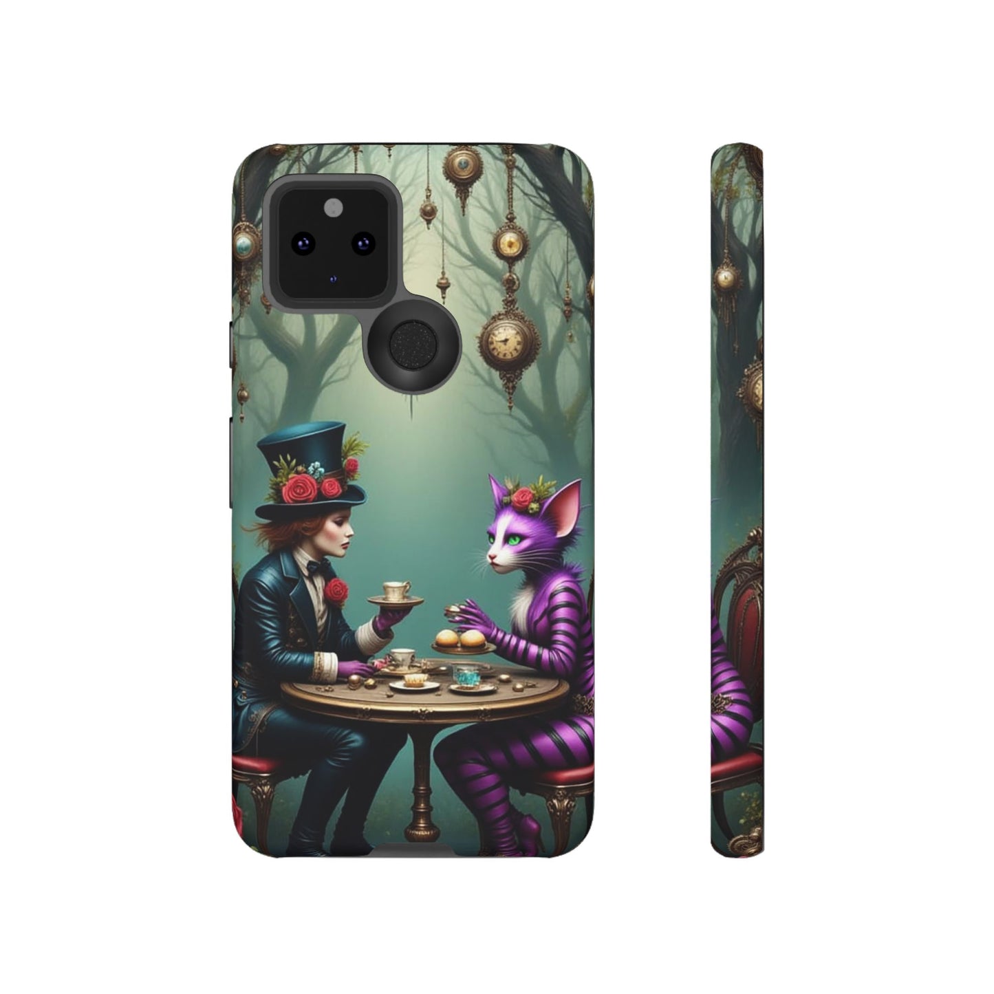Whimsical Phone Case with Cat and Mad Hatter Design, Perfect for Gifting, Fantasy Lovers, Tea Party Theme, Tough Cases