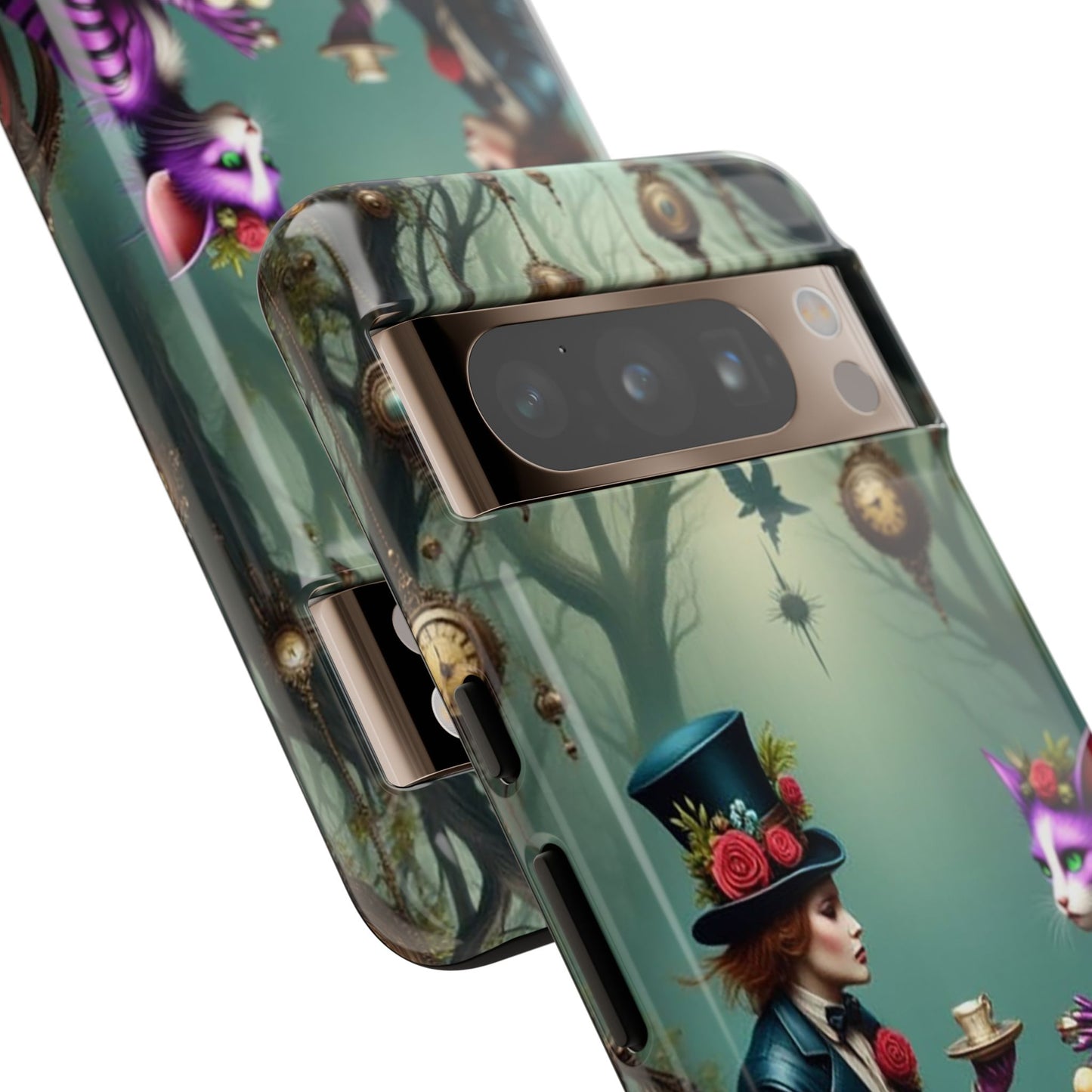 Whimsical Phone Case with Cat and Mad Hatter Design, Perfect for Gifting, Fantasy Lovers, Tea Party Theme, Tough Cases