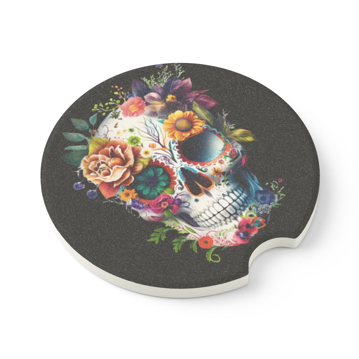 Skull Floral Soapstone Car Coaster, Artistic Auto Accessories, Unique Gifts for Car Lovers, Car Decor, Day of the Dead Decor