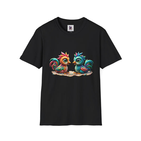 Colorful Kooky Chickens Willow & Sage Art Unisex Softstyle T-Shirt, Colorful Tee, Nature-Inspired Apparel, Cute Graphic Shirt