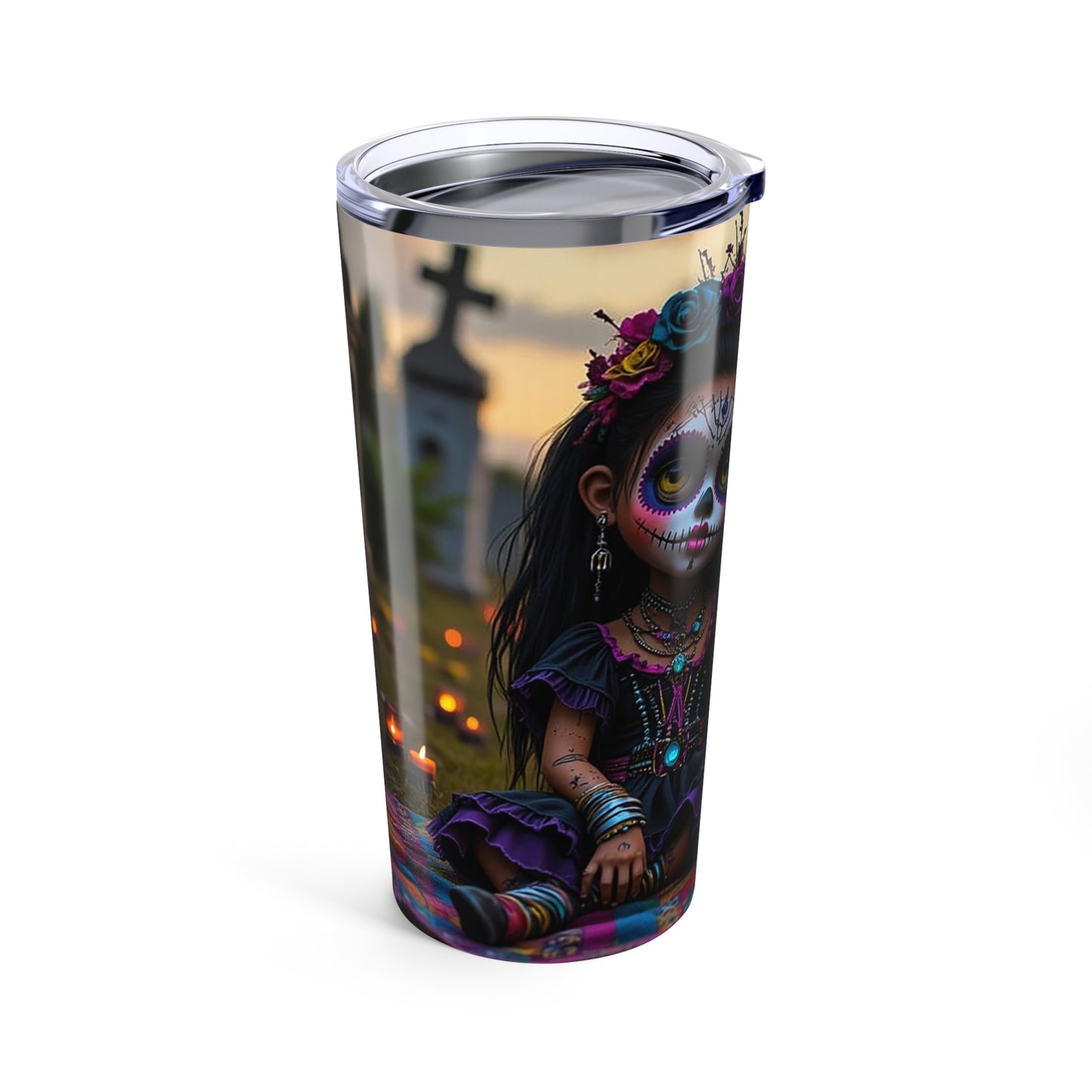 Vibrant Day of the Dead Tumbler | 20oz Sugar Skull Travel Mug, Halloween Gift, Ethnic Decor, Boho Kitchenware, Party Favor