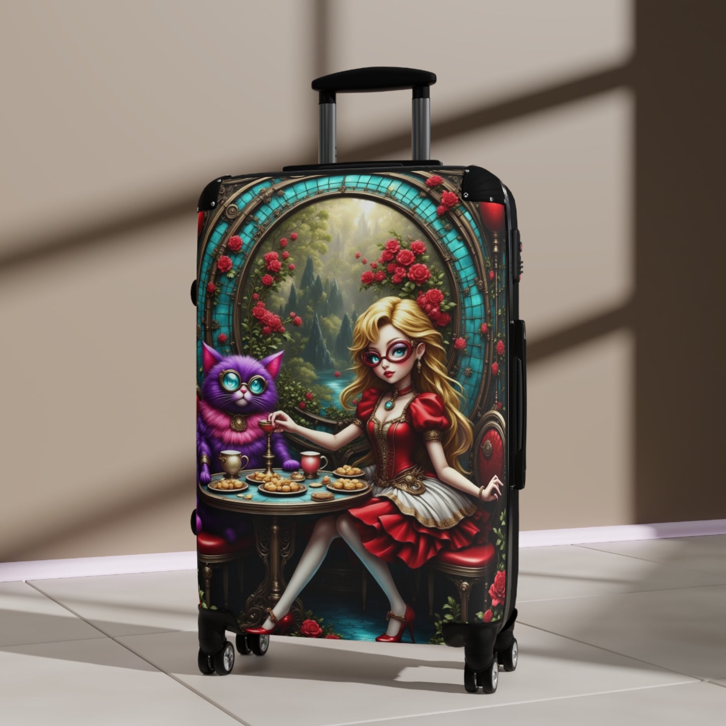 Alice in Wonderland Design, Whimsical Cat-Themed Suitcase, Carry-On Luggage, Travel Bag, Fun Vacation Accessory, Unique Gift Idea