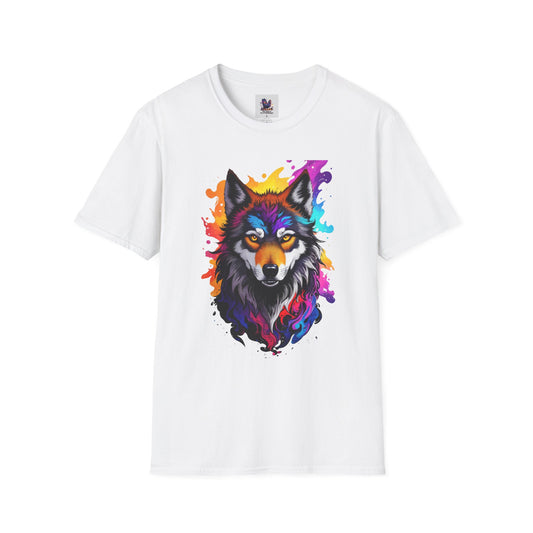 Colorful Wolf Art Unisex Softstyle T-Shirt, Animal Lover Gift, Colorful Tee, Nature-Inspired Apparel, Cute Graphic Shirt