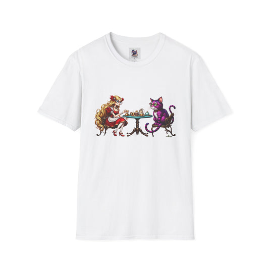 Colorful Tea Party, Alice Art Unisex Softstyle T-Shirt, Colorful Tee, Nature-Inspired Apparel, Cute Graphic Shirt